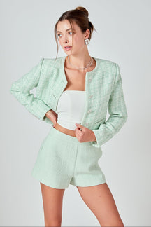 ENDLESS ROSE - Lemi Tweed Jewel Buttoned Combo Jacket - JACKETS available at Objectrare