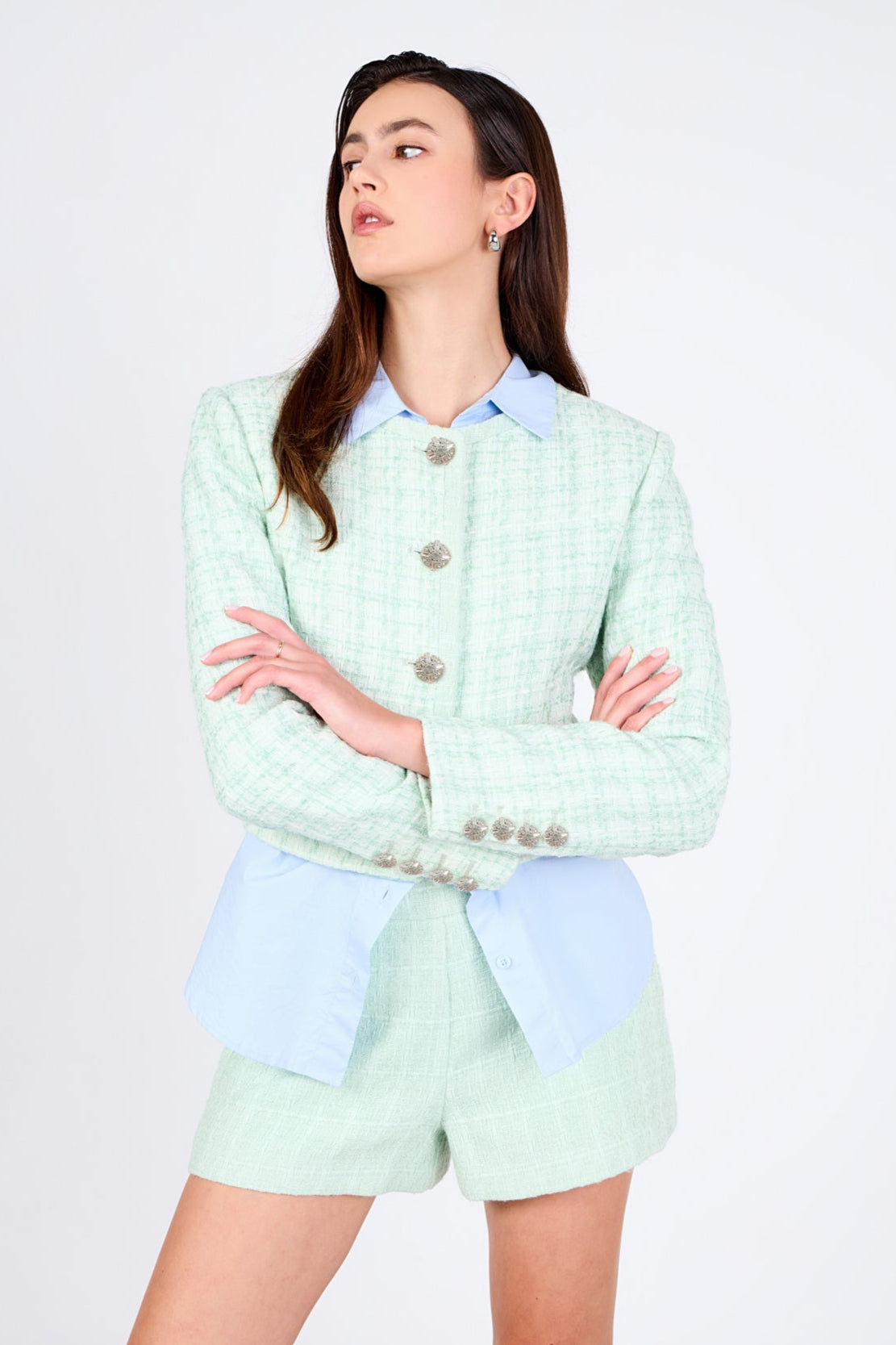 ENDLESS ROSE - Lemi Tweed Jewel Buttoned Combo Jacket - JACKETS available at Objectrare
