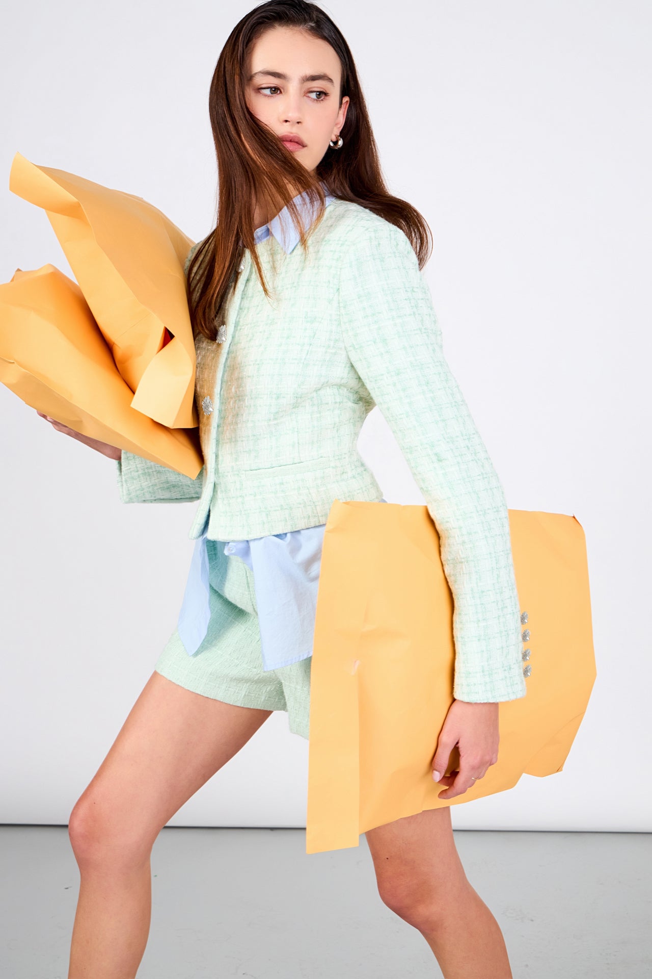 ENDLESS ROSE - Lemi Tweed Jewel Buttoned Combo Jacket - JACKETS available at Objectrare