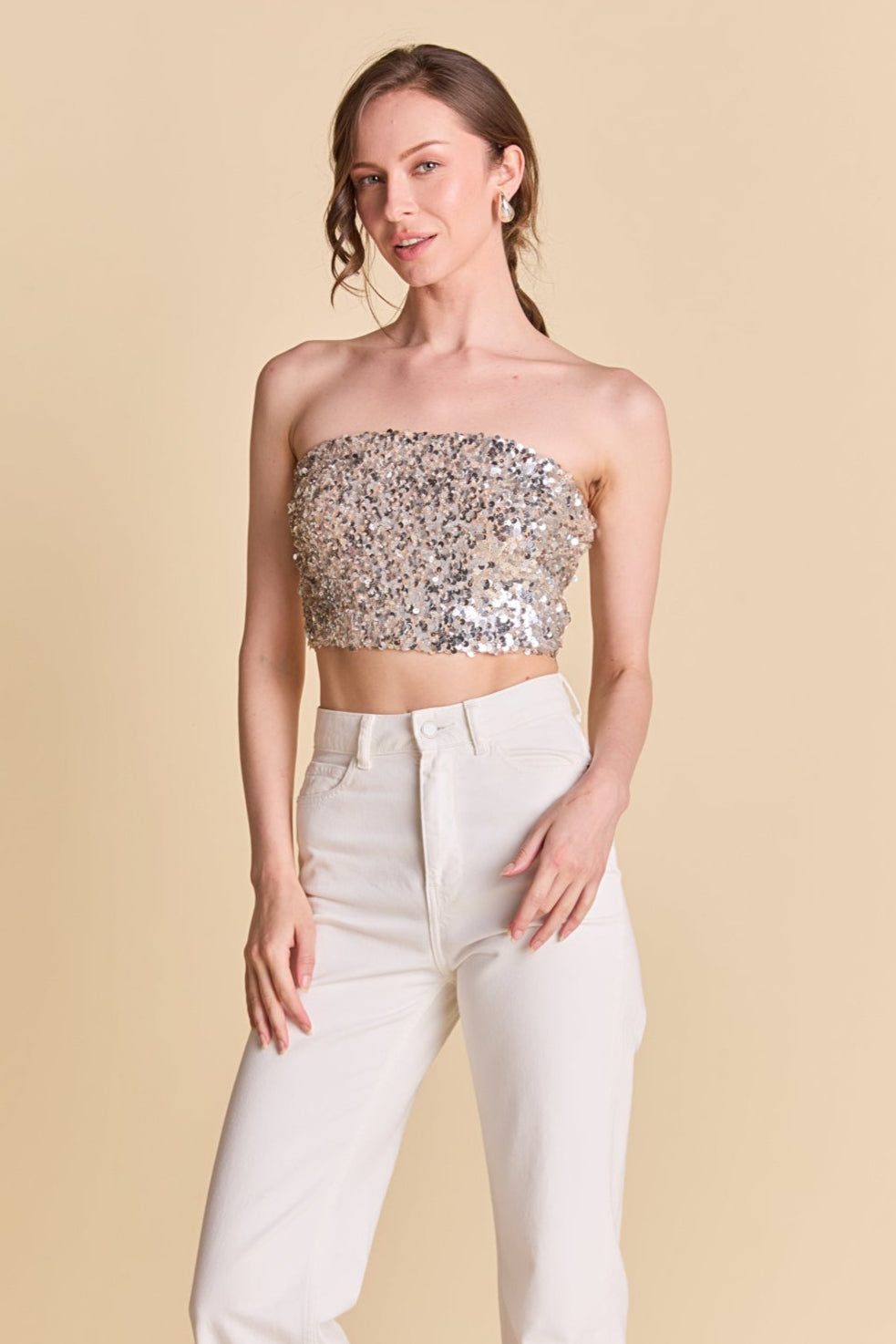 ENDLESS ROSE - Beaded Sequins Strapless Top - TOPS available at Objectrare