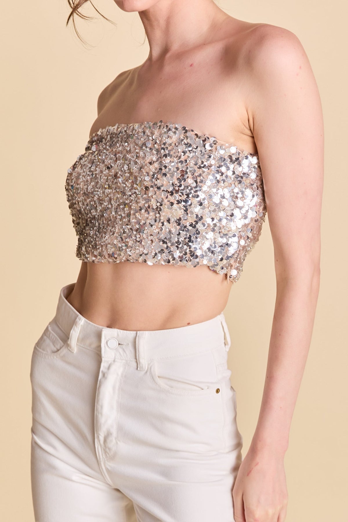 ENDLESS ROSE - Beaded Sequins Strapless Top - TOPS available at Objectrare