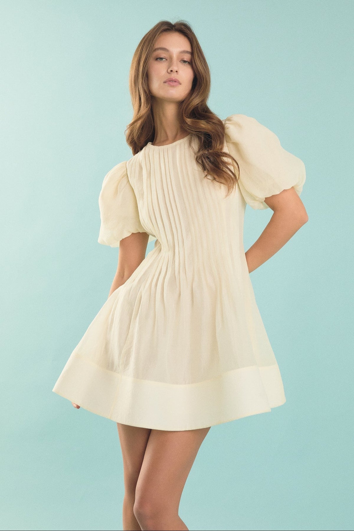 ENDLESS ROSE - Bridget Organza Pintuck Blouson Puff Sleeve Mini Dress - DRESSES available at Objectrare