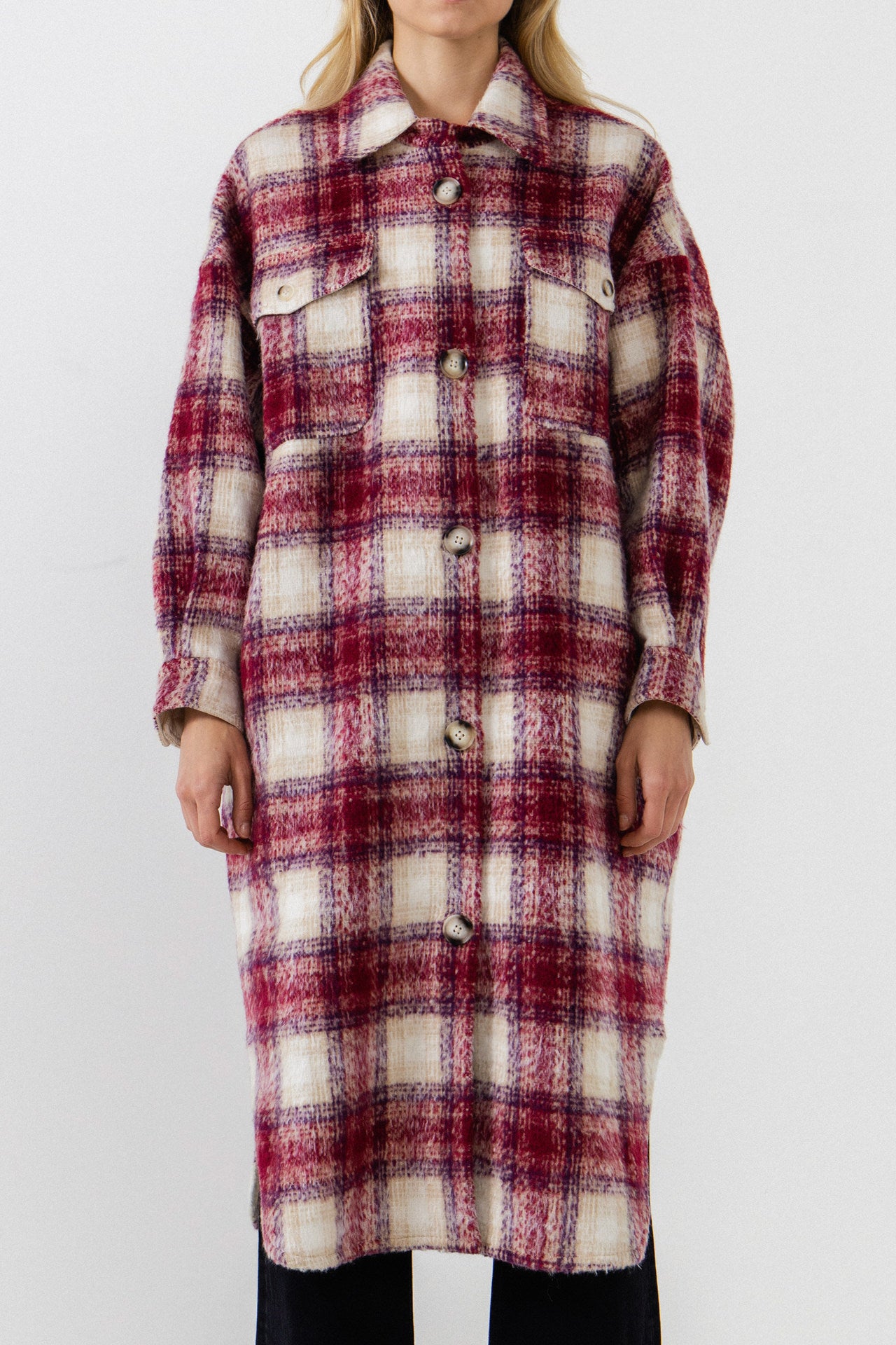Oversize Plaid Long Coat with U hemline