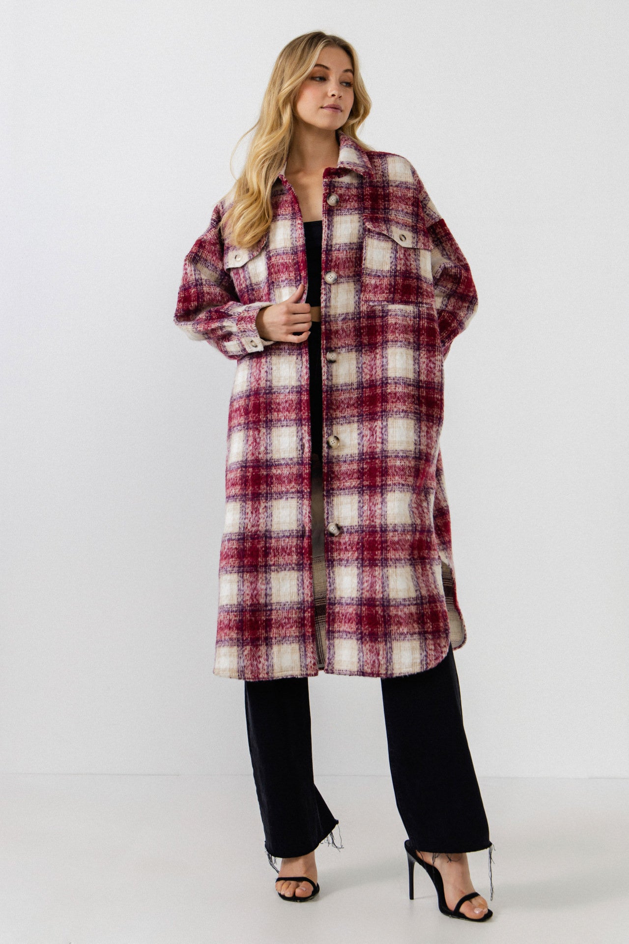 Oversize Plaid Long Coat with U hemline