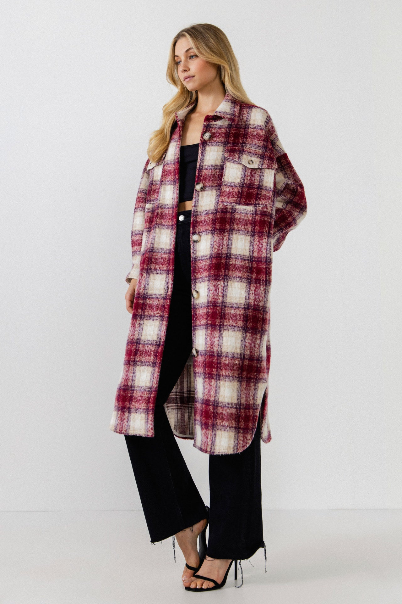 Oversize Plaid Long Coat with U hemline