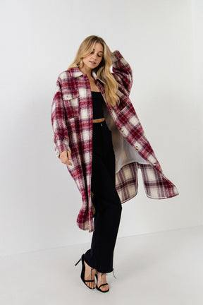 Oversize Plaid Long Coat with U hemline