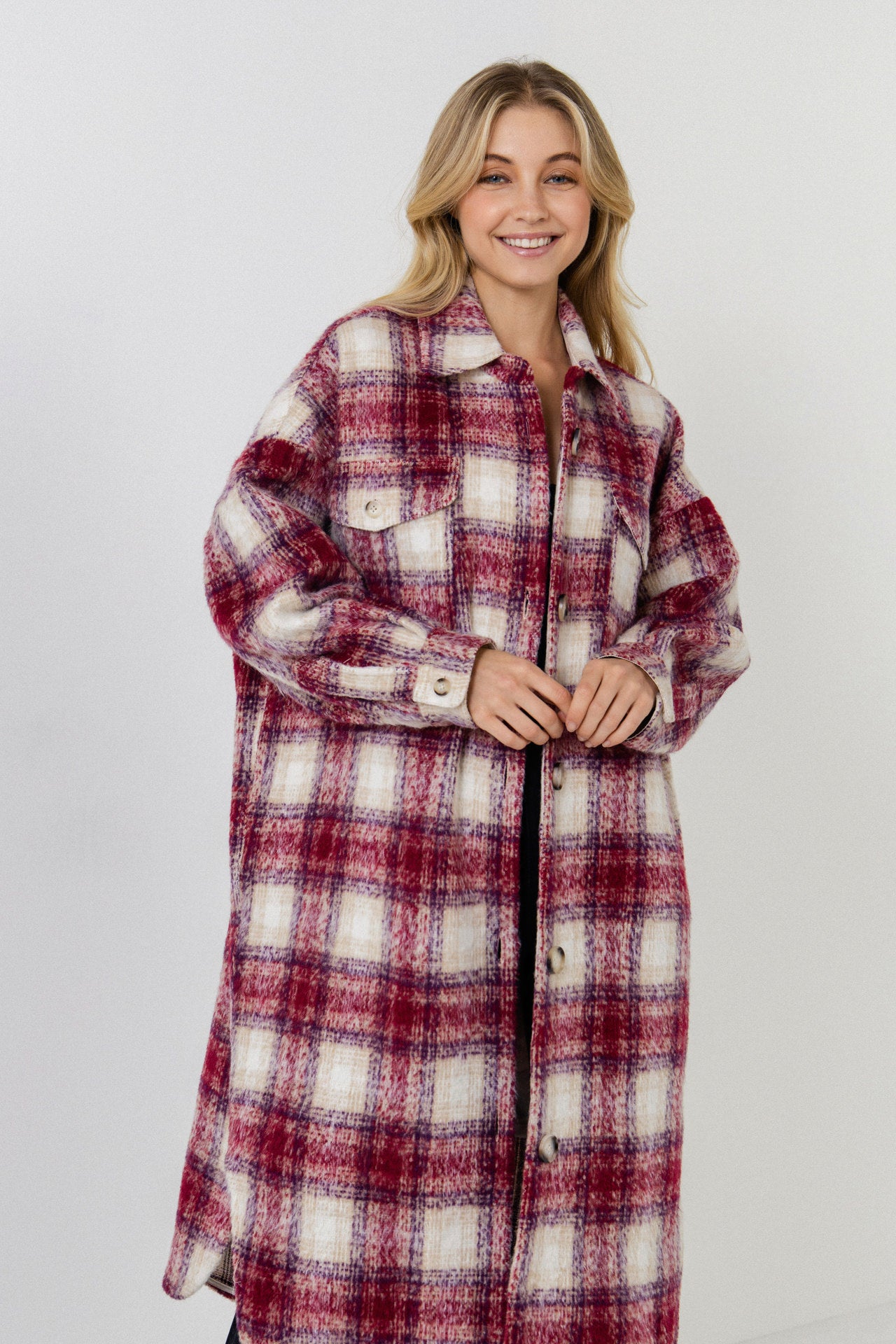 Oversize Plaid Long Coat with U hemline