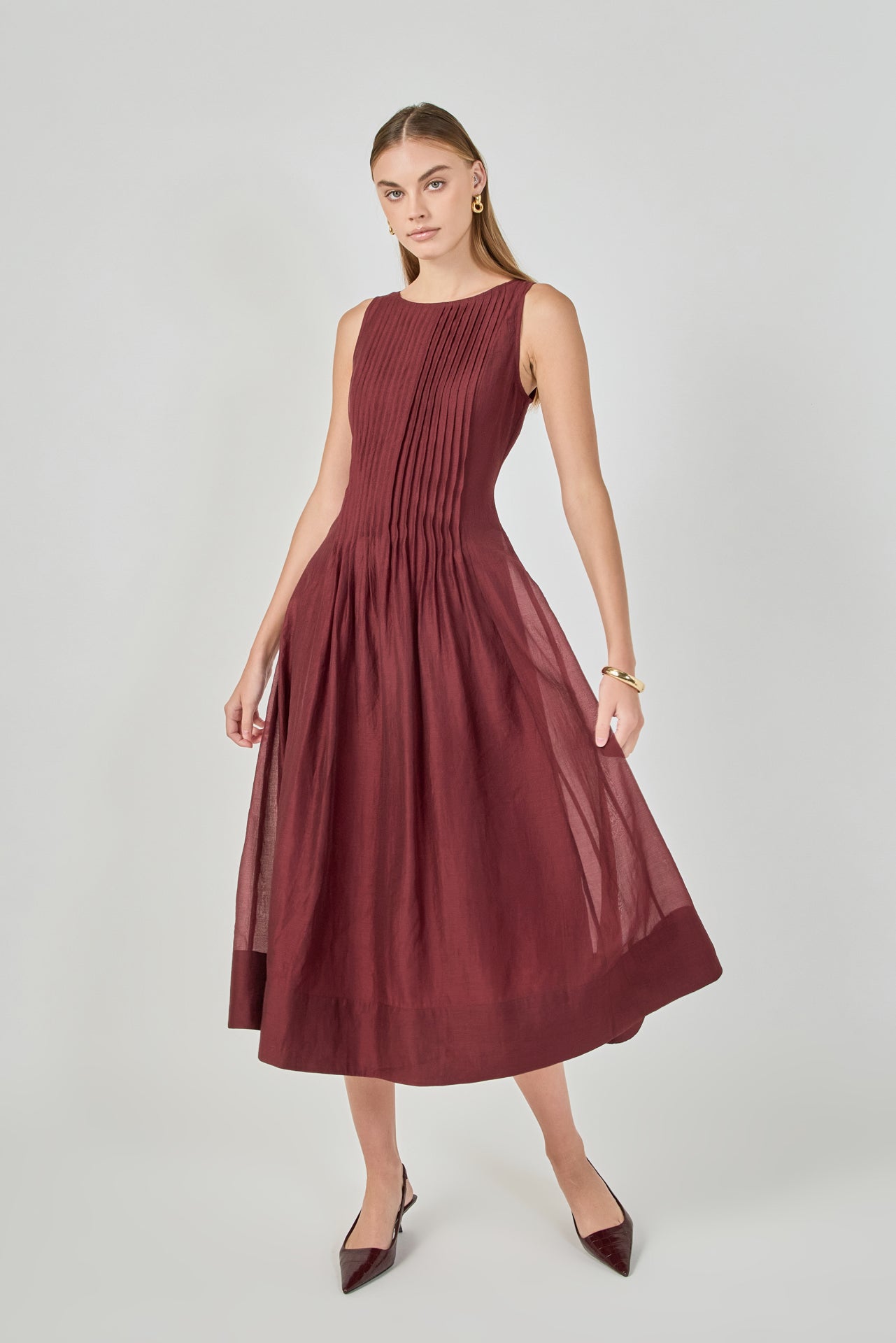 Annabelle Organza Pintuck Sleeveless Midi Dress