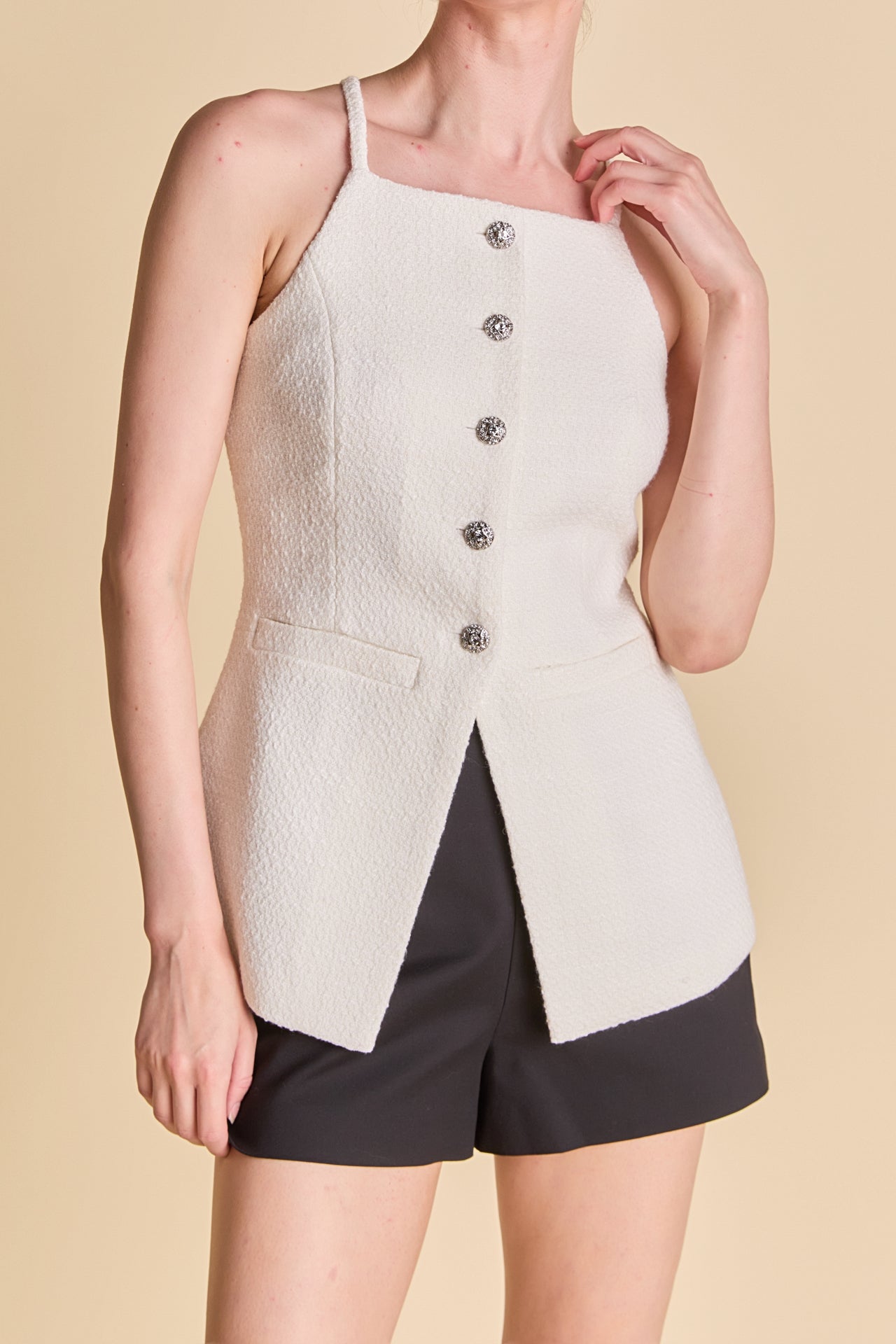 ENDLESS ROSE - Jacqueline Sleeveless Buttoned Tweed Top - TOPS available at Objectrare