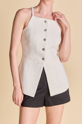 ENDLESS ROSE - Jacqueline Sleeveless Buttoned Tweed Top - TOPS available at Objectrare