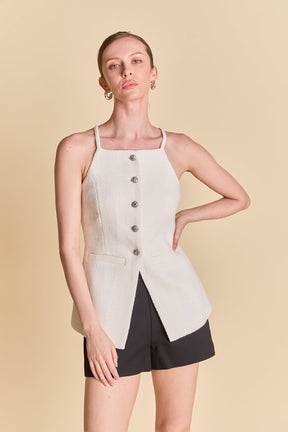 ENDLESS ROSE - Jacqueline Sleeveless Buttoned Tweed Top - TOPS available at Objectrare