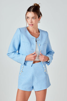 ENDLESS ROSE - Romy Chain Embellished Tweed Cropped Jacket - JACKETS available at Objectrare