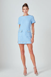 Romy Chain Embellished Short Sleeve Tweed Mini Dress