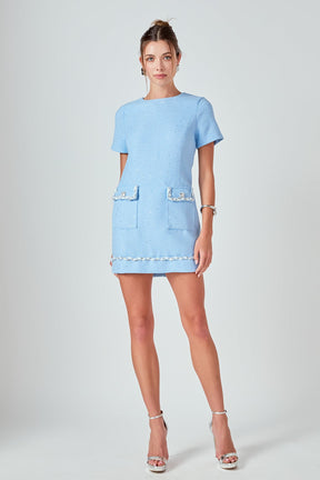 Romy Chain Embellished Short Sleeve Tweed Mini Dress