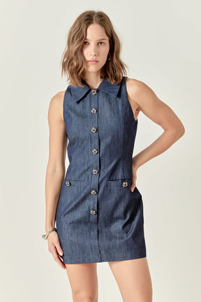 ENDLESS ROSE - Denim Collared Mini Dress - DRESSES available at Objectrare