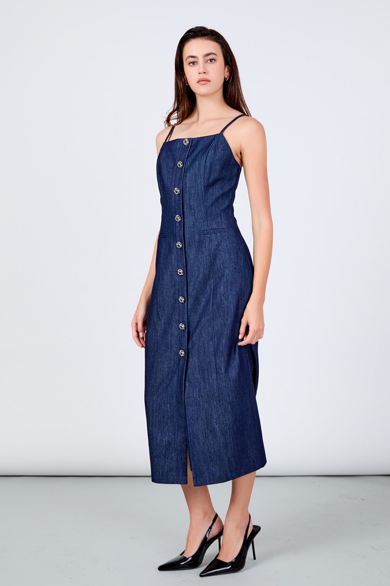 ENDLESS ROSE - High Neck Denim Midi Dress - DRESSES available at Objectrare