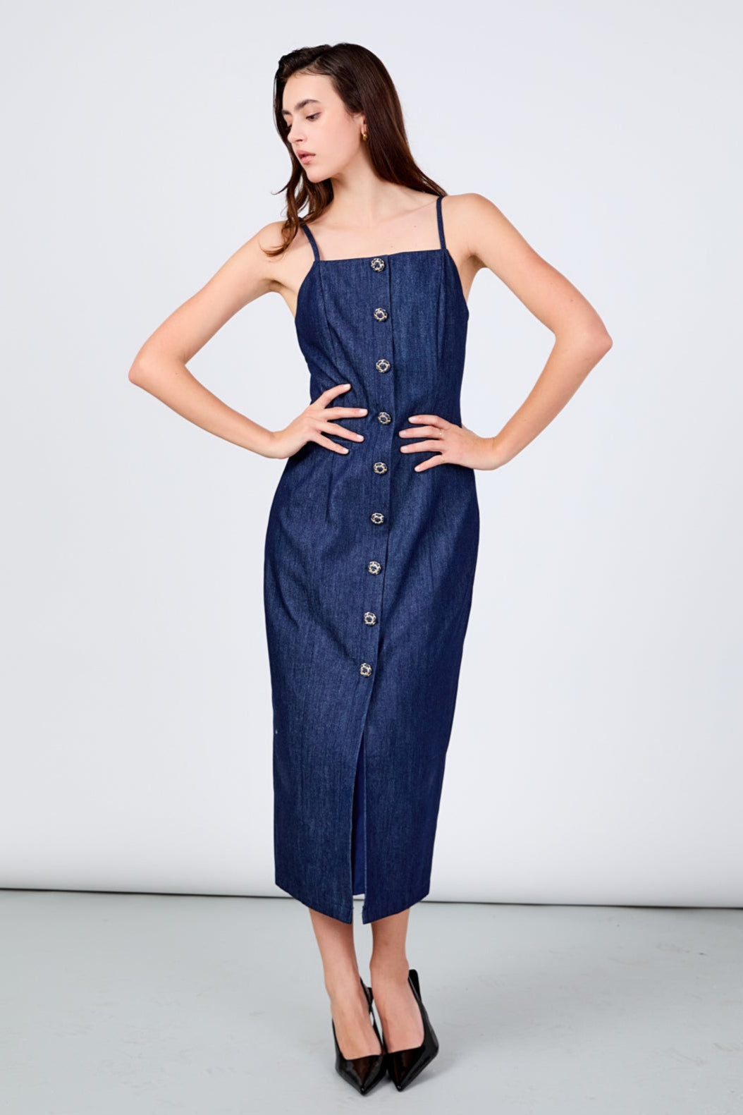 ENDLESS ROSE - High Neck Denim Midi Dress - DRESSES available at Objectrare
