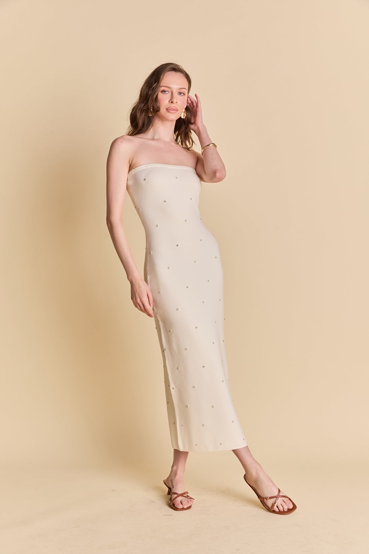Embellished Strapless Knit Midi Dress