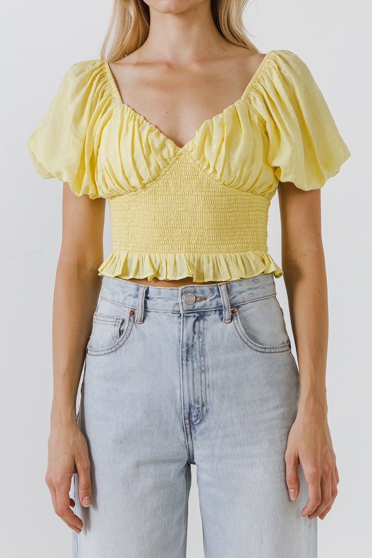 ENDLESS ROSE - Sweetheart Smocked Puff Sleeve Top - TOPS available at Objectrare