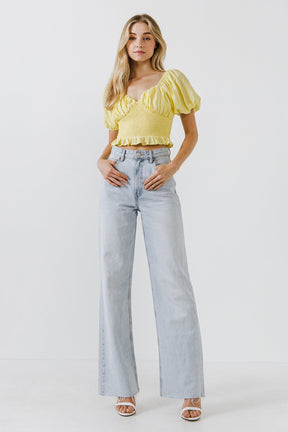 ENDLESS ROSE - Sweetheart Smocked Puff Sleeve Top - TOPS available at Objectrare