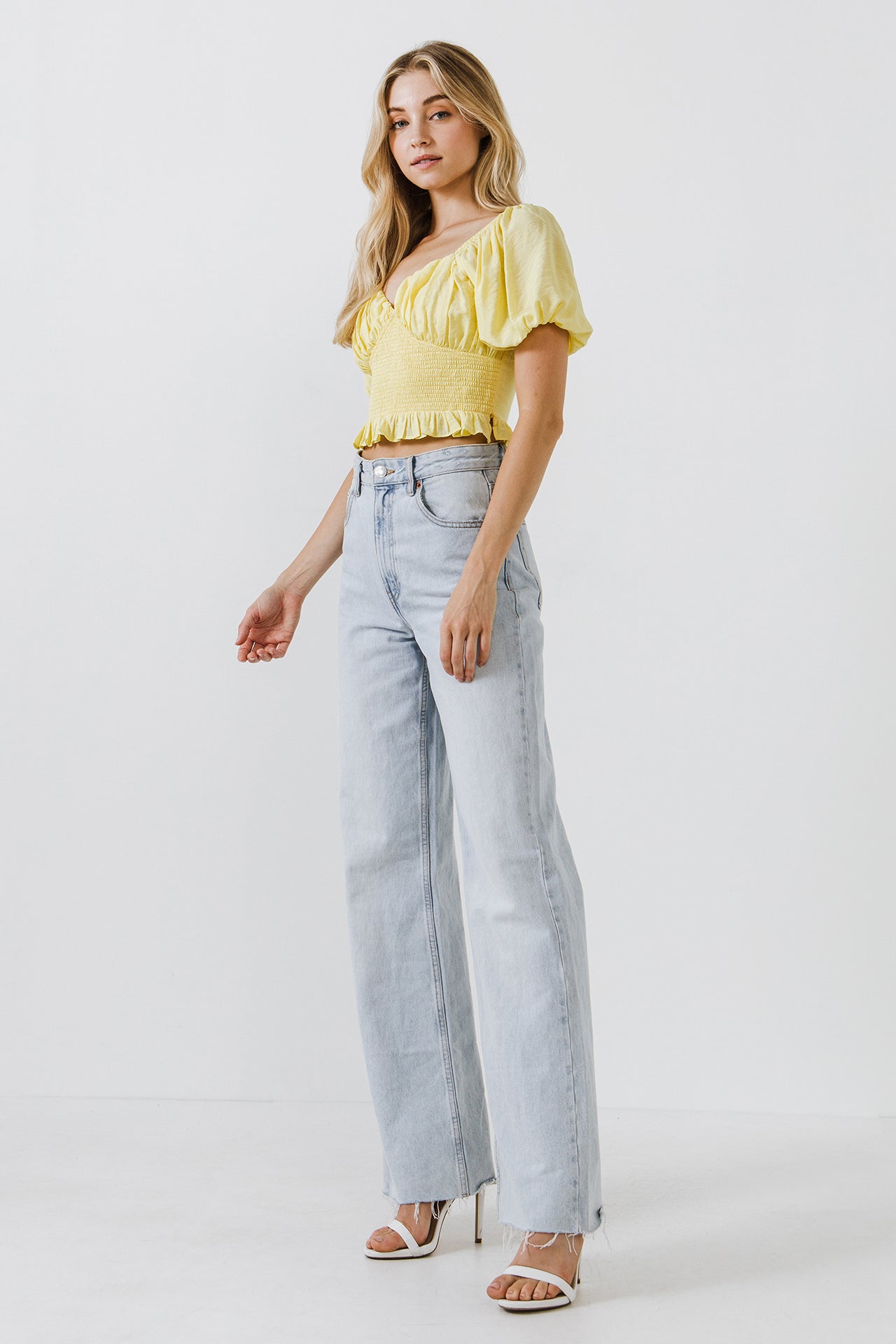 ENDLESS ROSE - Sweetheart Smocked Puff Sleeve Top - TOPS available at Objectrare