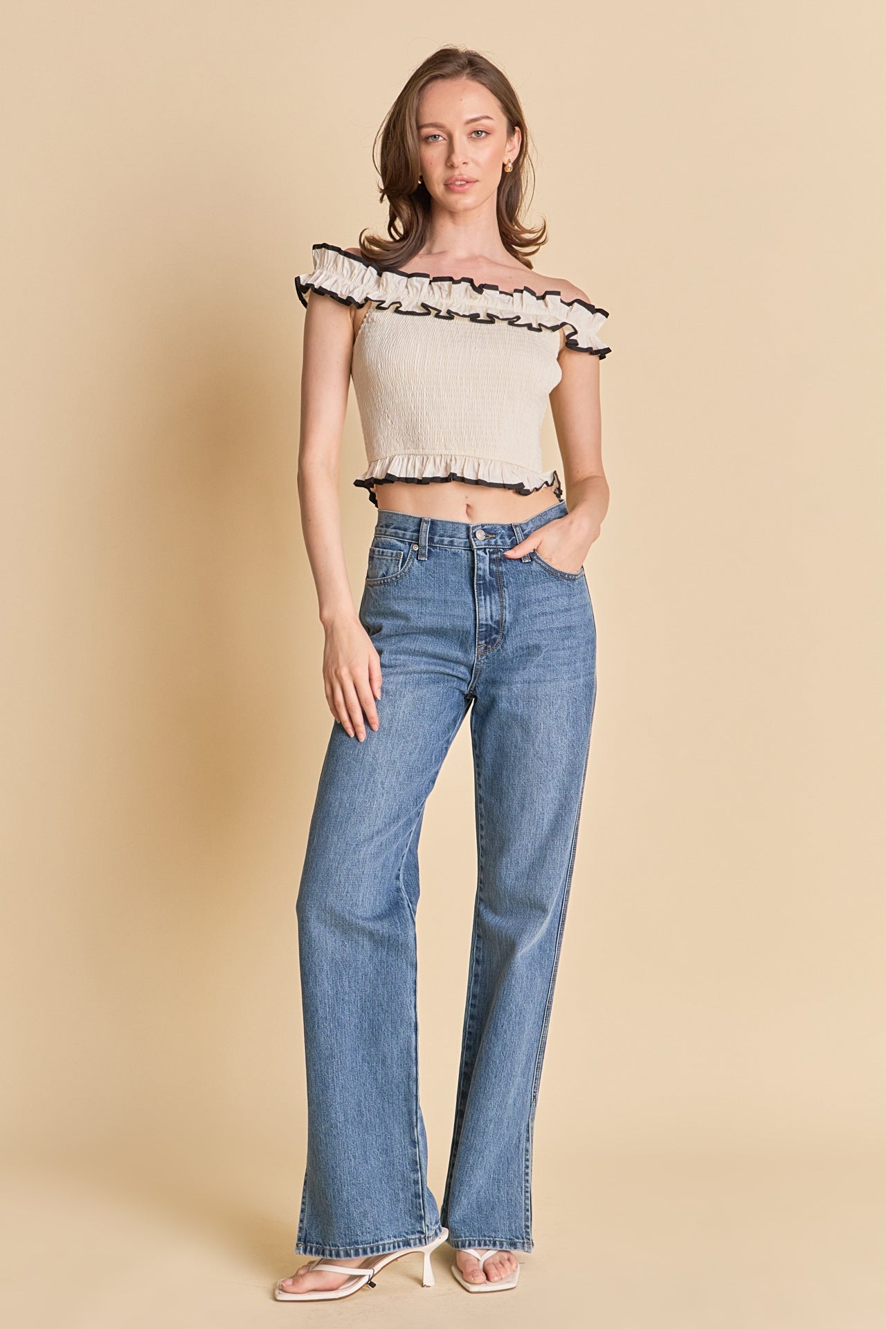 ENDLESS ROSE - Marina Off the Shoulder Ruffle Smocked Top - TOPS available at Objectrare