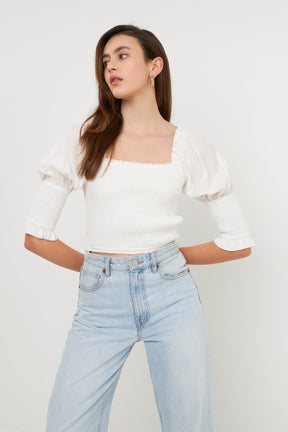 ENDLESS ROSE - Endless Rose - Quarter Sleeve Smocked Puff Sleeve Top - TOPS available at Objectrare