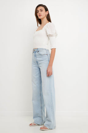 ENDLESS ROSE - Quarter Sleeve Smocked Puff Sleeve Top - TOPS available at Objectrare