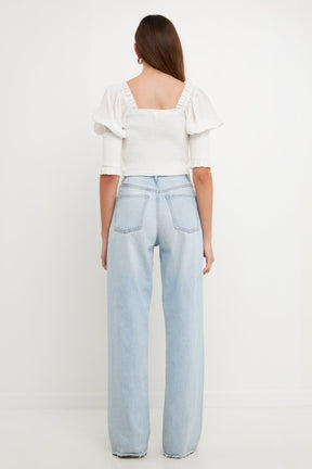 ENDLESS ROSE - Quarter Sleeve Smocked Puff Sleeve Top - TOPS available at Objectrare