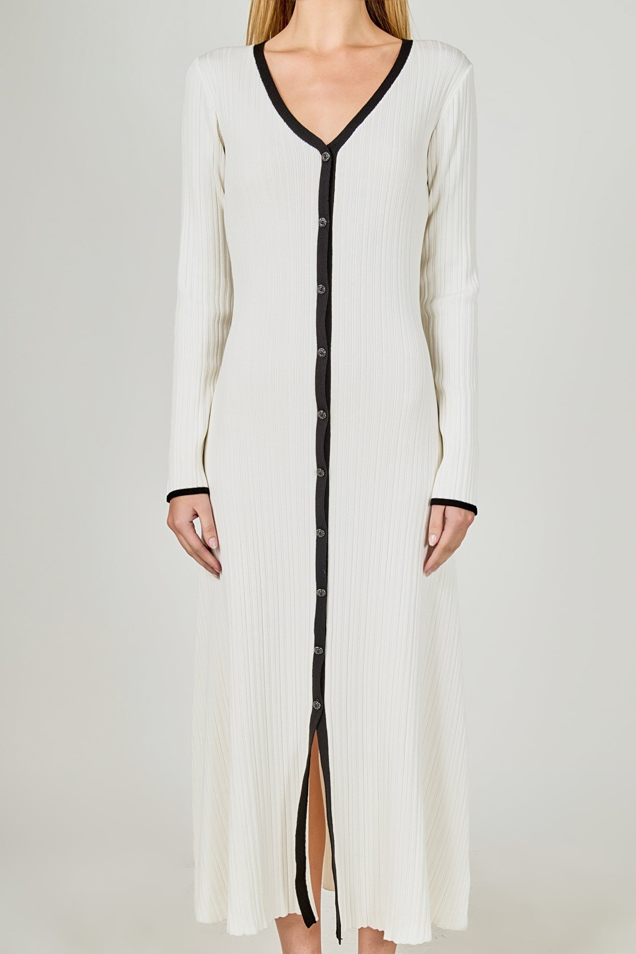 ENDLESS ROSE - Valerie Contrast Buttoned Sweater Knit Midi Dress - DRESSES available at Objectrare