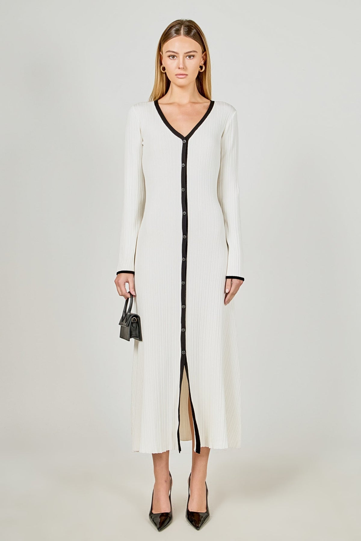 ENDLESS ROSE - Valerie Contrast Buttoned Sweater Knit Midi Dress - DRESSES available at Objectrare