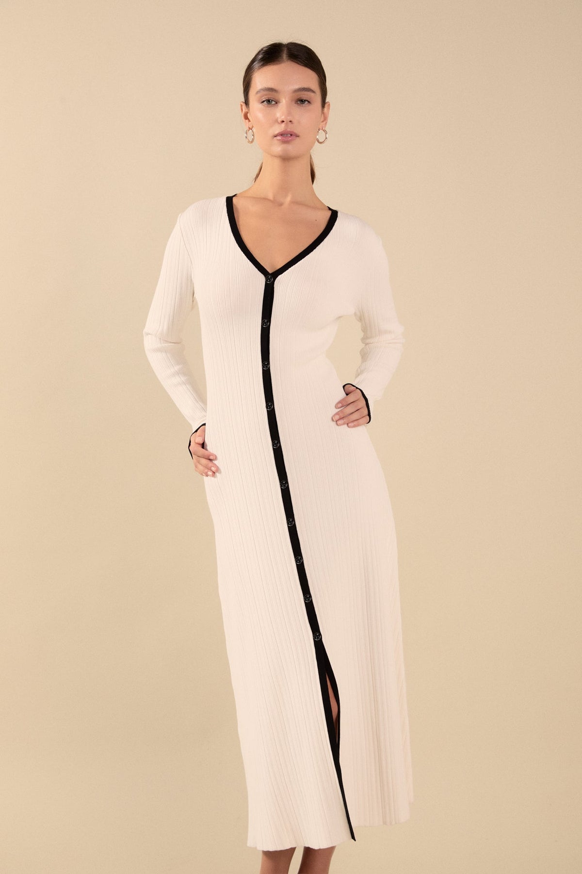 ENDLESS ROSE - Valerie Contrast Buttoned Sweater Knit Midi Dress - DRESSES available at Objectrare