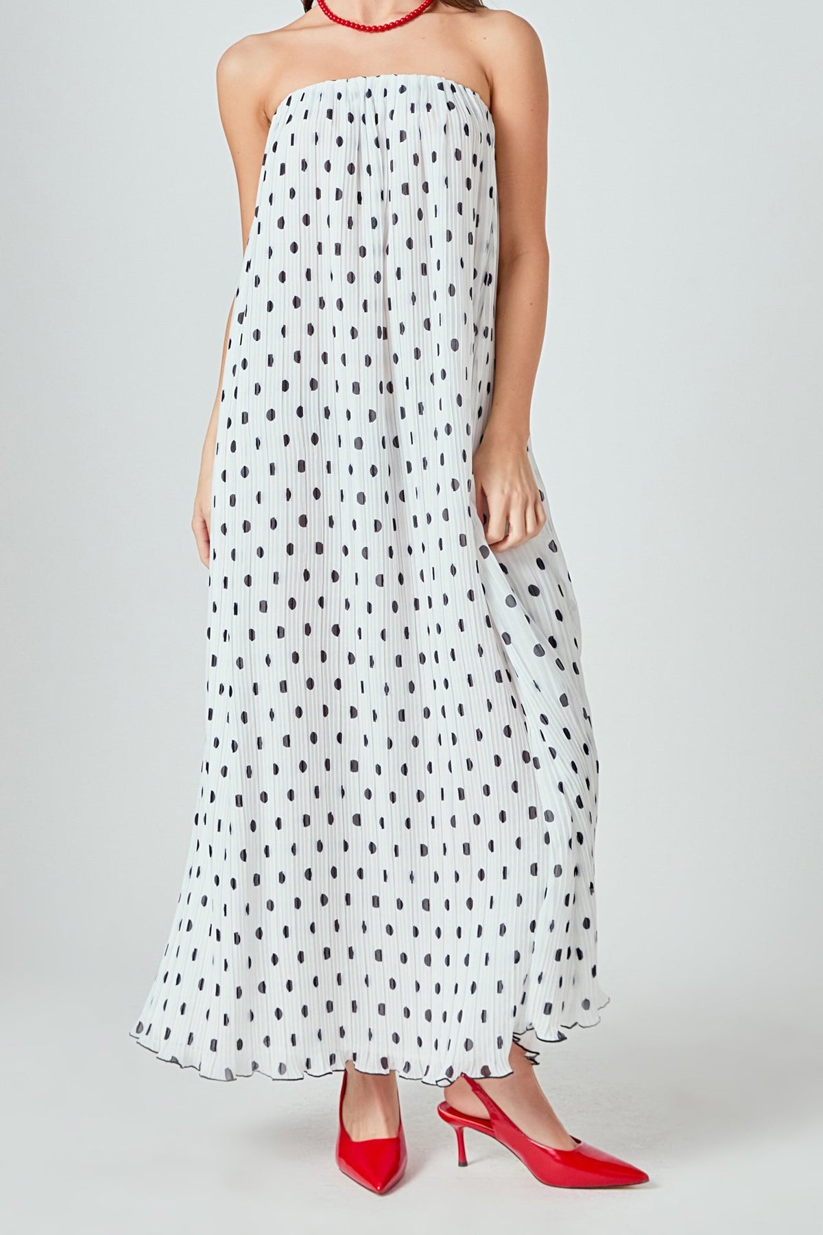 Samantha Strapless Pleated Polka Dot Maxi Dress