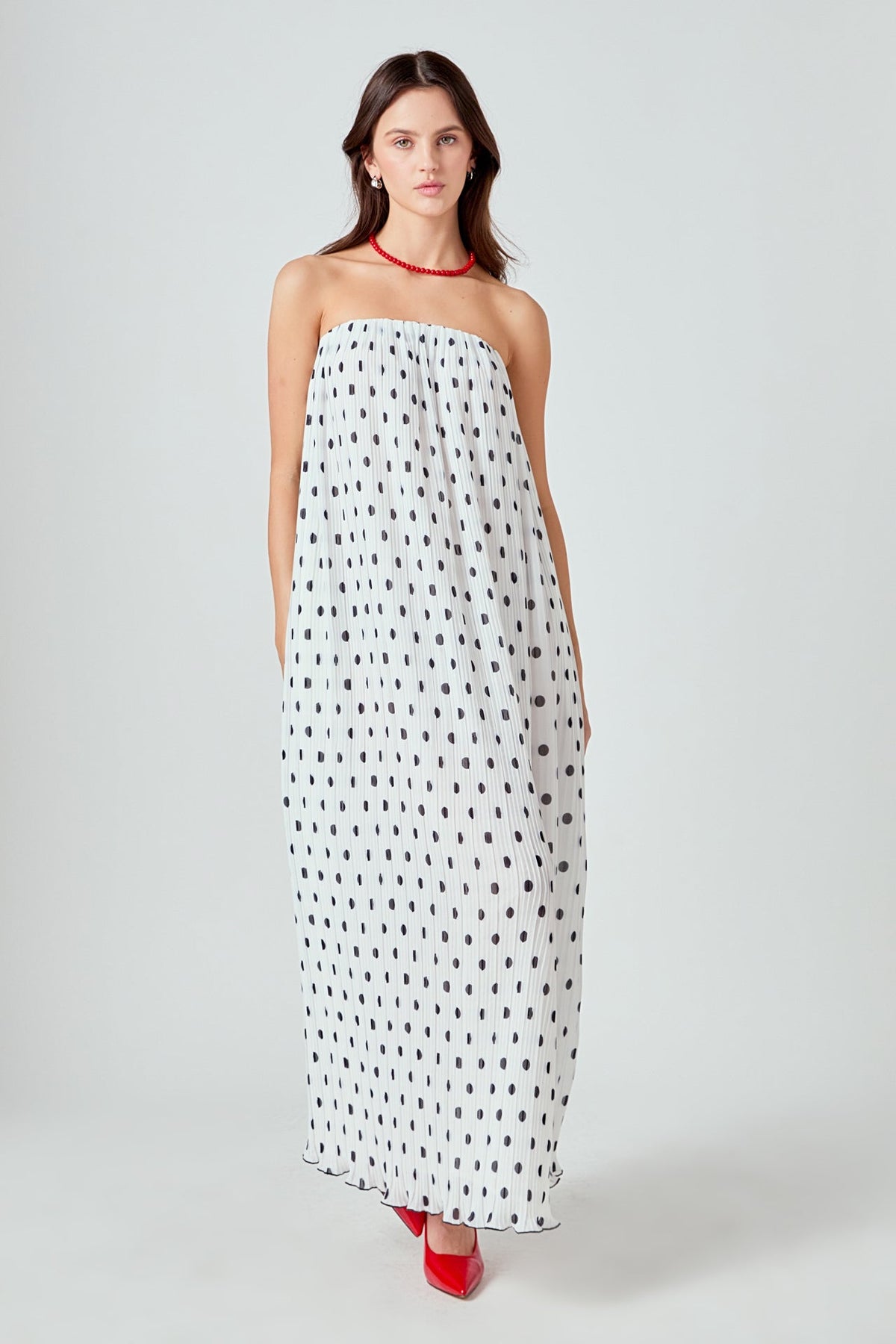 ENDLESS ROSE - Samantha Strapless Pleated Polka Dot Maxi Dress - DRESSES available at Objectrare