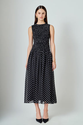 ENDLESS ROSE - Rachel Smocked Drop Waist Polka Dot Maxi Dress - DRESSES available at Objectrare