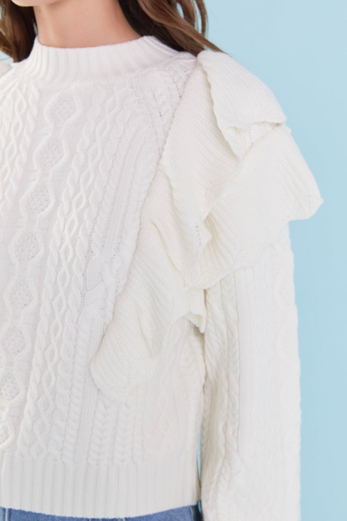ENDLESS ROSE - Cable Knit Ruffled Sweater - SWEATERS & KNITS available at Objectrare