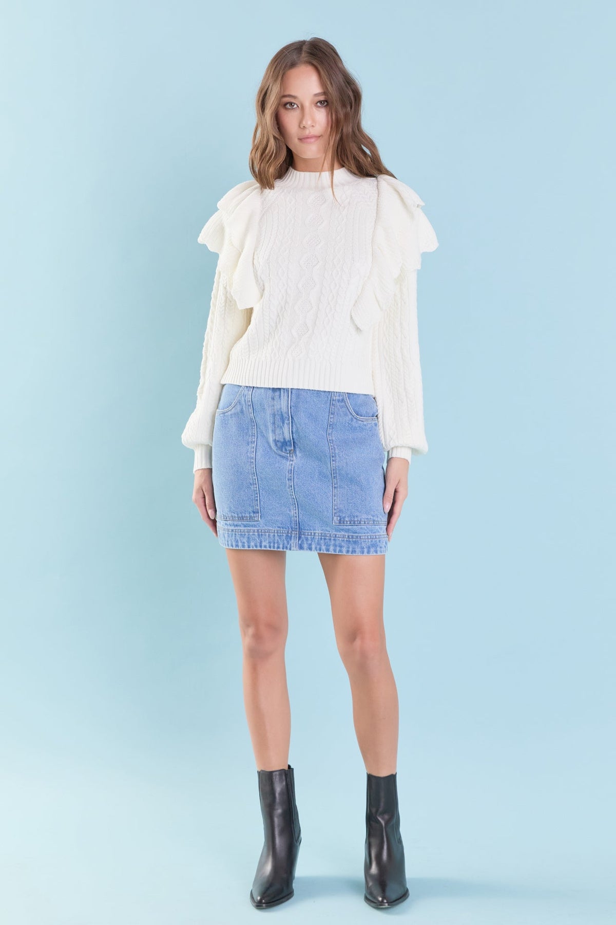 ENDLESS ROSE - Cable Knit Ruffled Sweater - SWEATERS & KNITS available at Objectrare