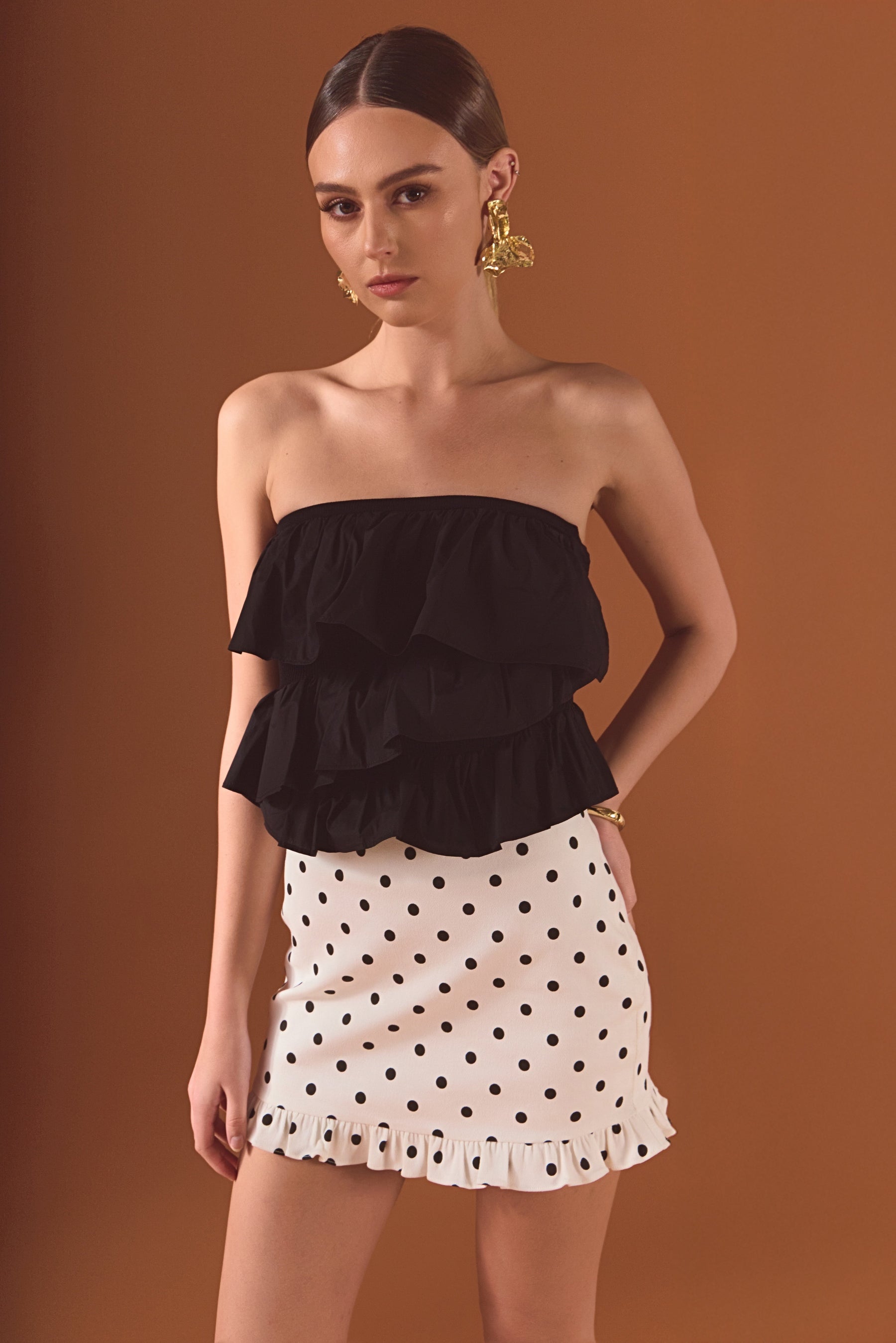 ENDLESS ROSE - Mixed Media Ruffled Strapless Top - TOPS available at Objectrare