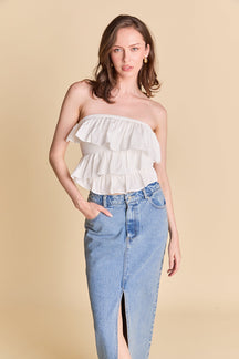 ENDLESS ROSE - Mixed Media Ruffled Strapless Top - TOPS available at Objectrare