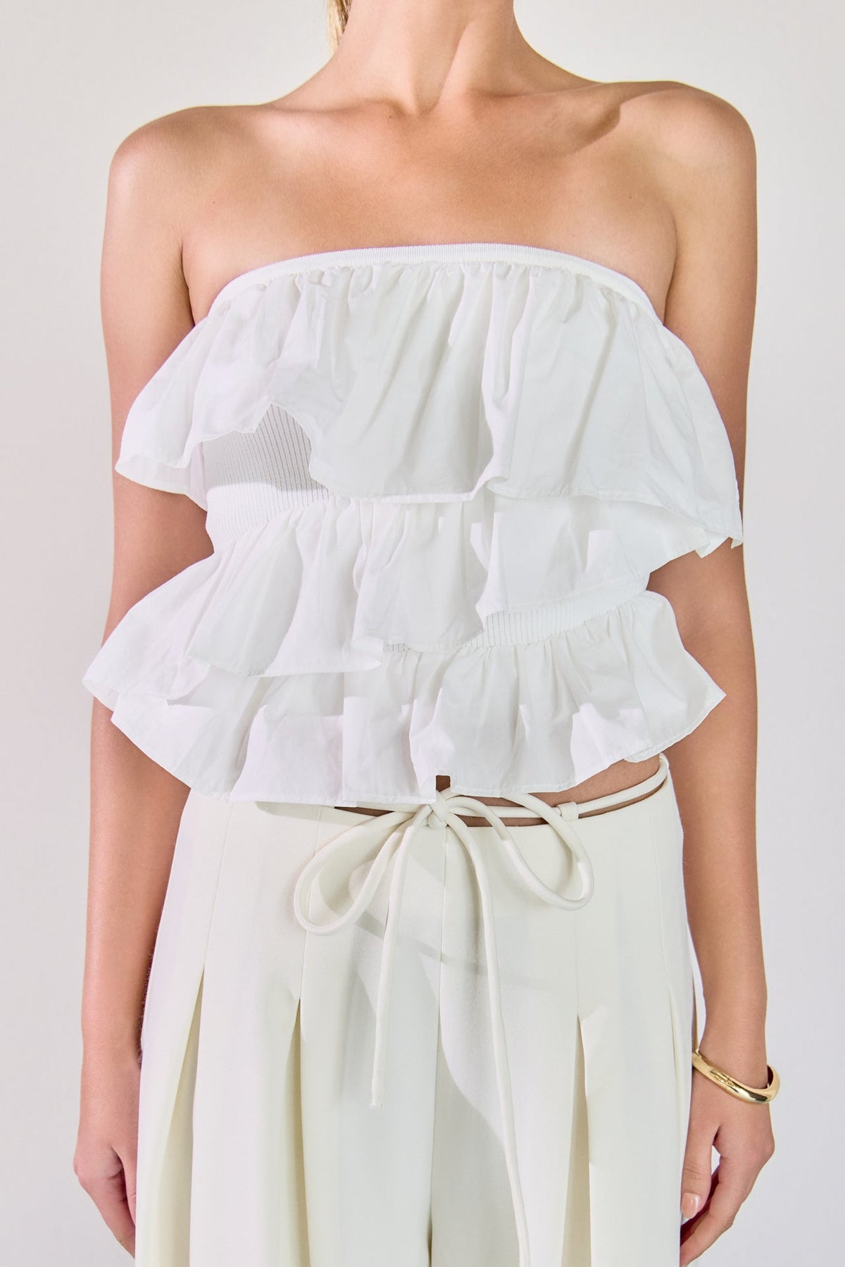 ENDLESS ROSE - Mixed Media Ruffled Strapless Top - TOPS available at Objectrare