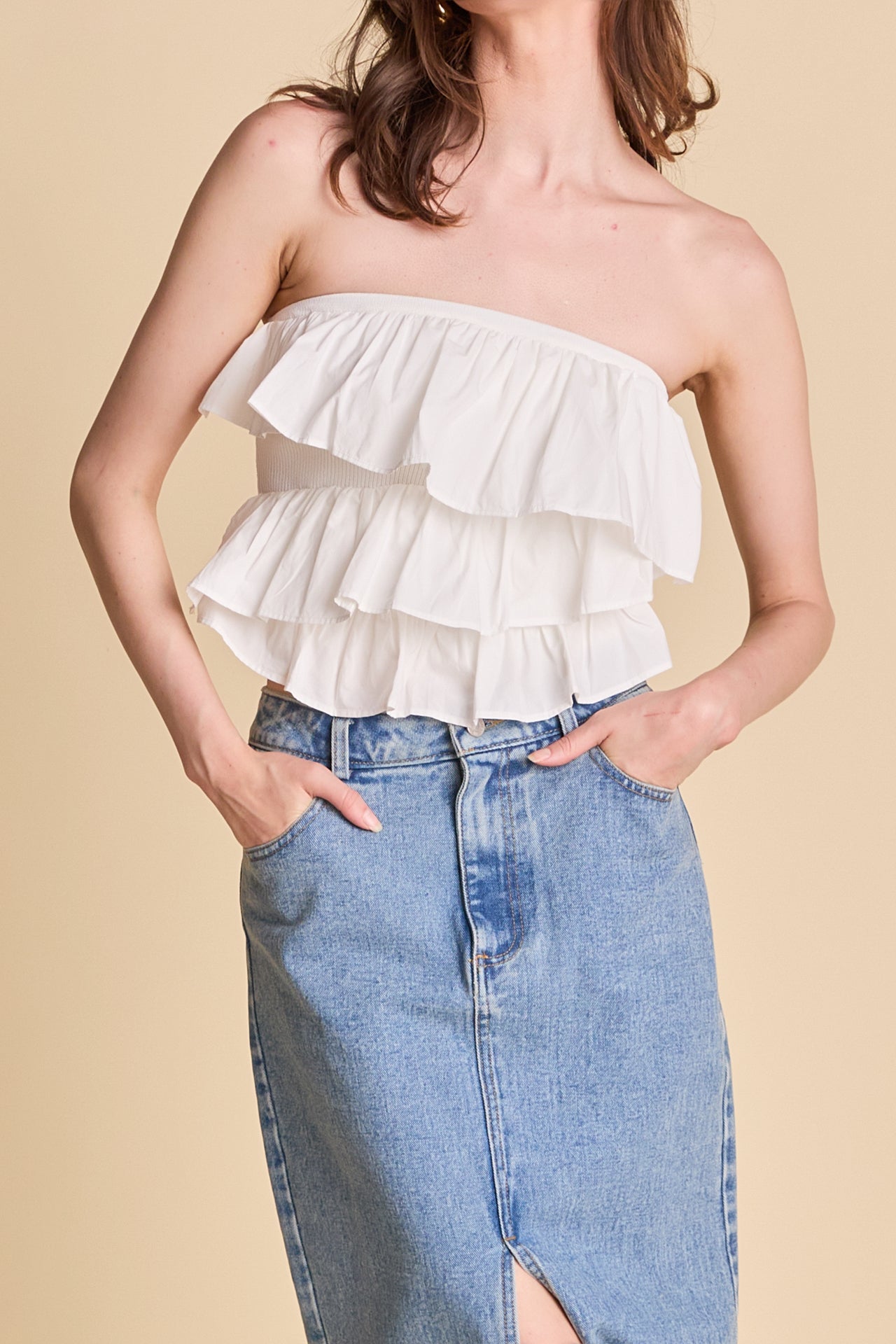 ENDLESS ROSE - Mixed Media Ruffled Strapless Top - TOPS available at Objectrare