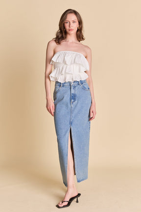 ENDLESS ROSE - Mixed Media Ruffled Strapless Top - TOPS available at Objectrare