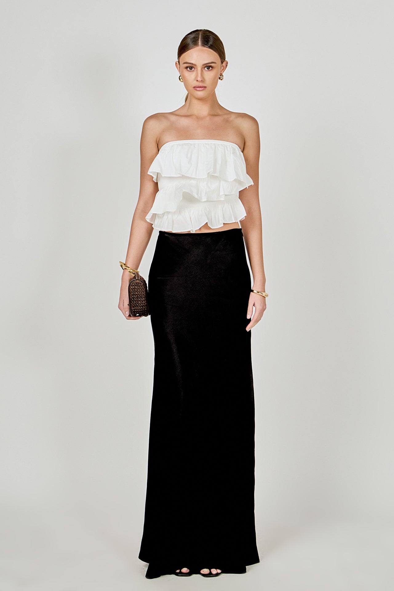 ENDLESS ROSE - Mixed Media Ruffled Strapless Top - TOPS available at Objectrare