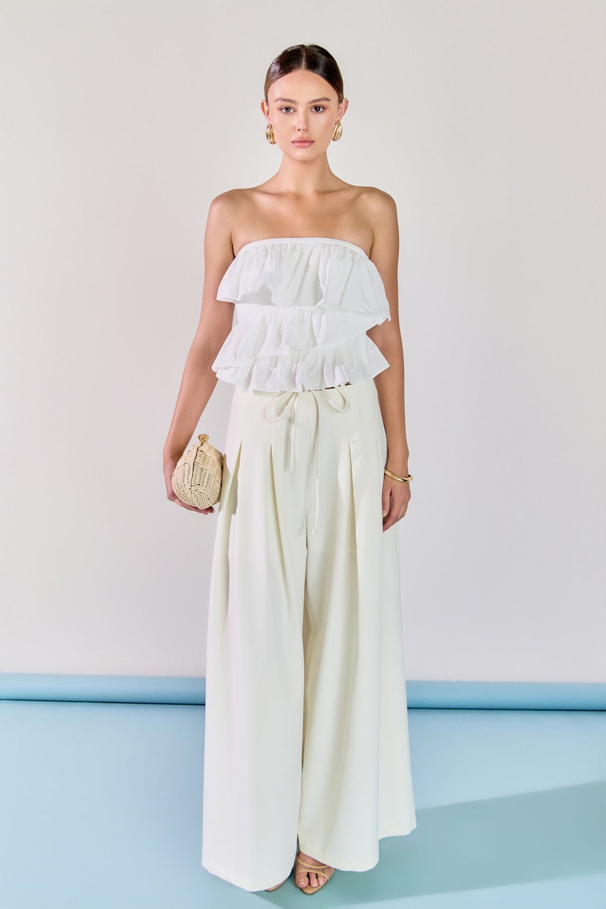 ENDLESS ROSE - Mixed Media Ruffled Strapless Top - TOPS available at Objectrare