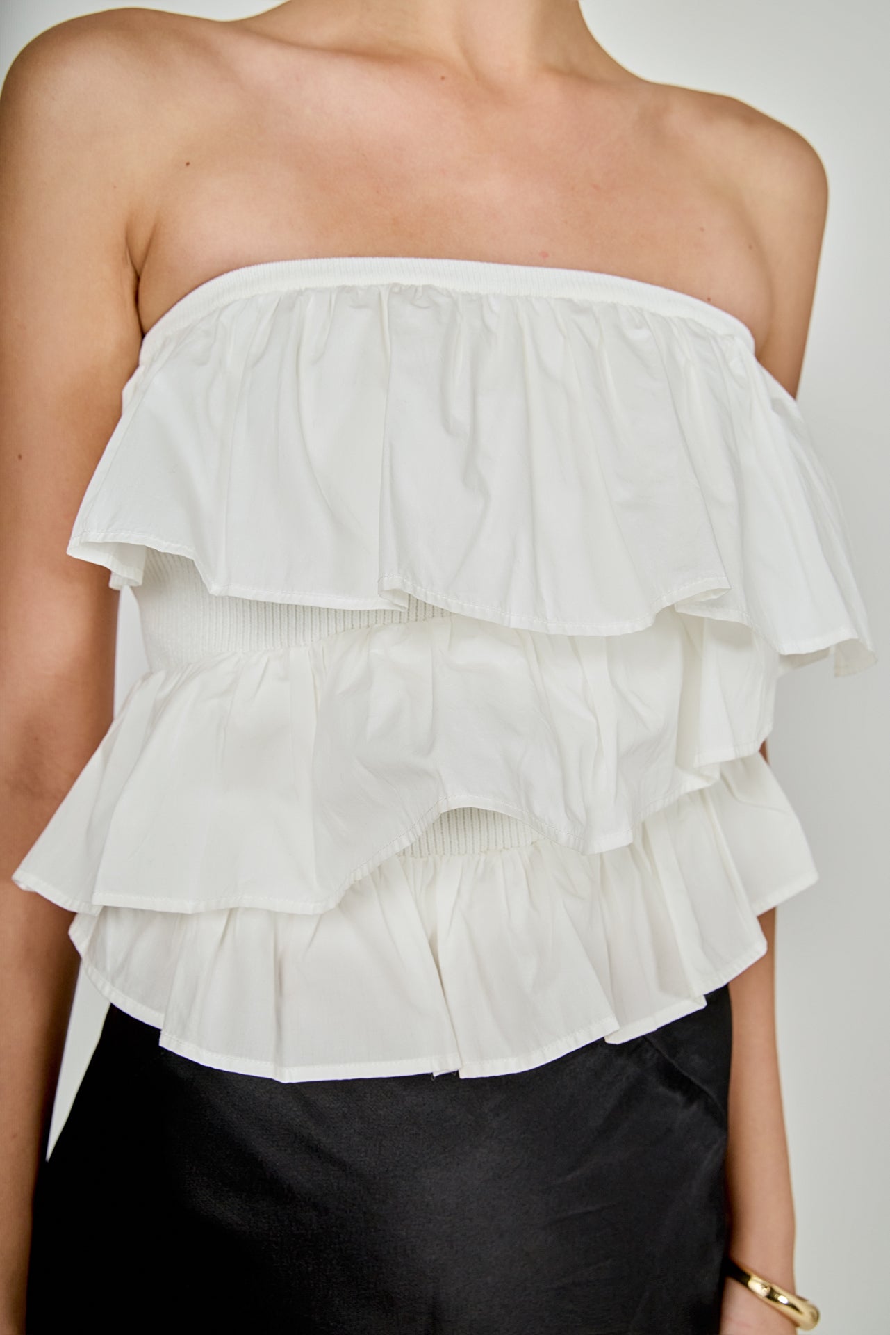 ENDLESS ROSE - Mixed Media Ruffled Strapless Top - TOPS available at Objectrare