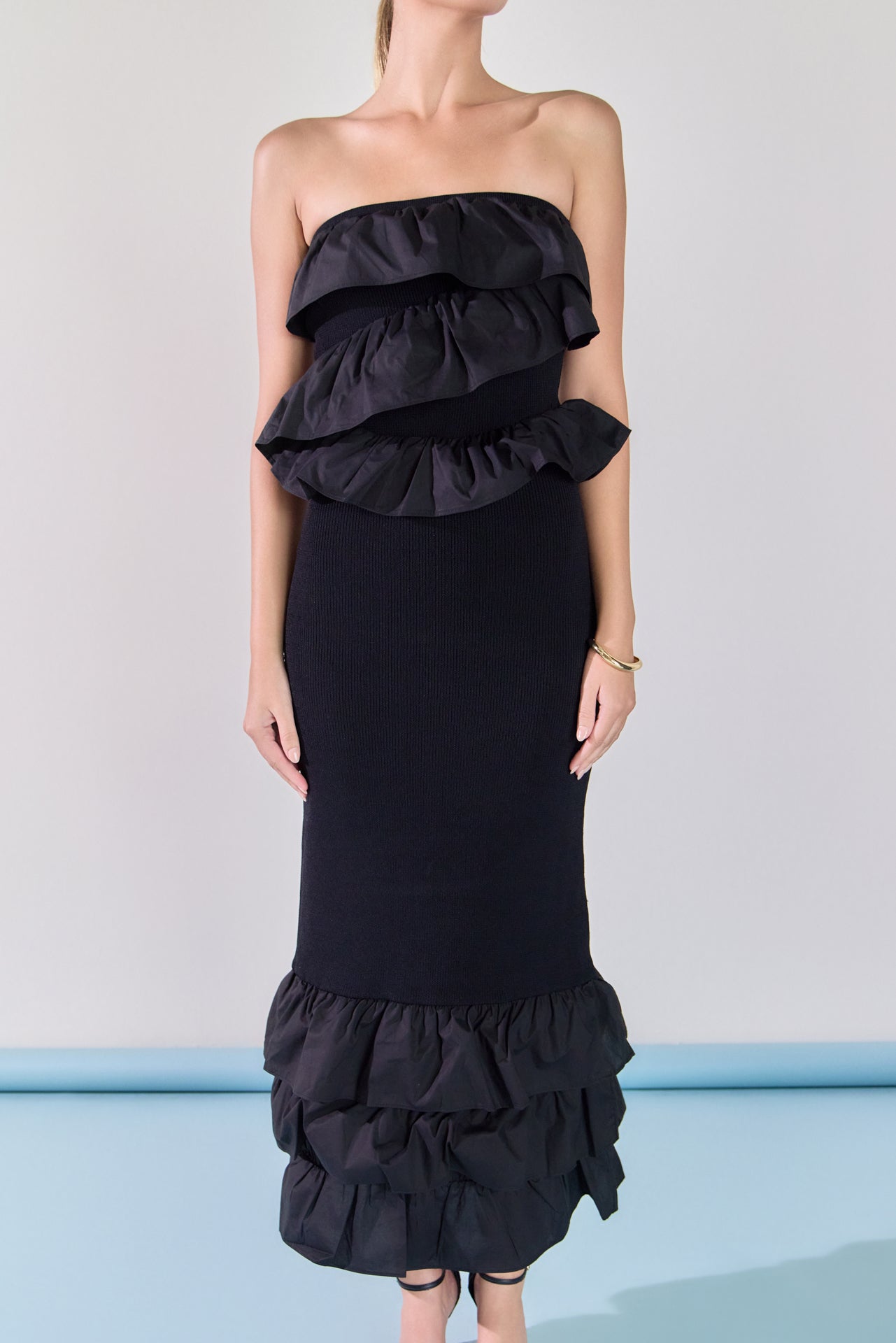 ENDLESS ROSE - Mixed Media Strapless Fitted Maxi Dress - DRESSES available at Objectrare