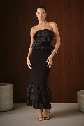 ENDLESS ROSE - Mixed Media Strapless Fitted Maxi Dress - DRESSES available at Objectrare