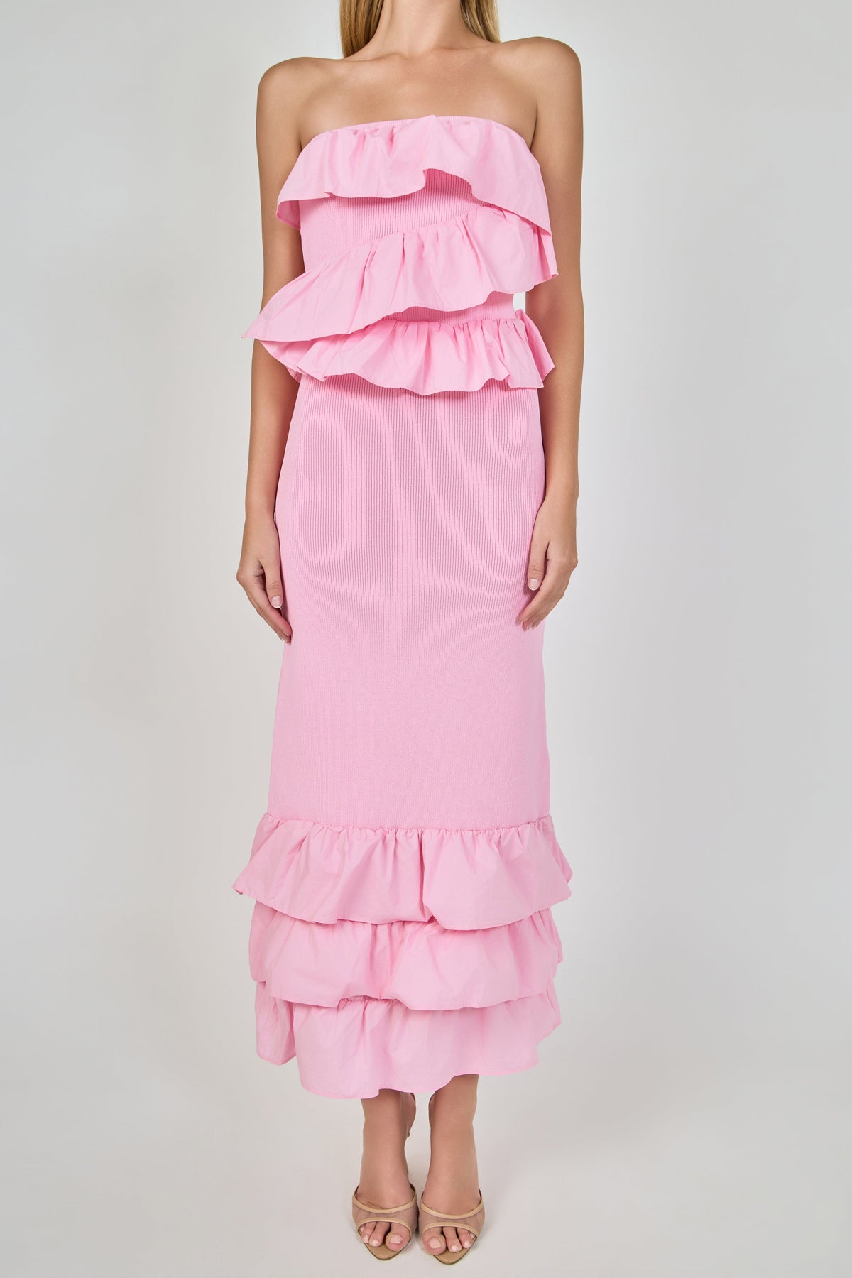 Mixed Media Strapless Fitted Maxi Dress