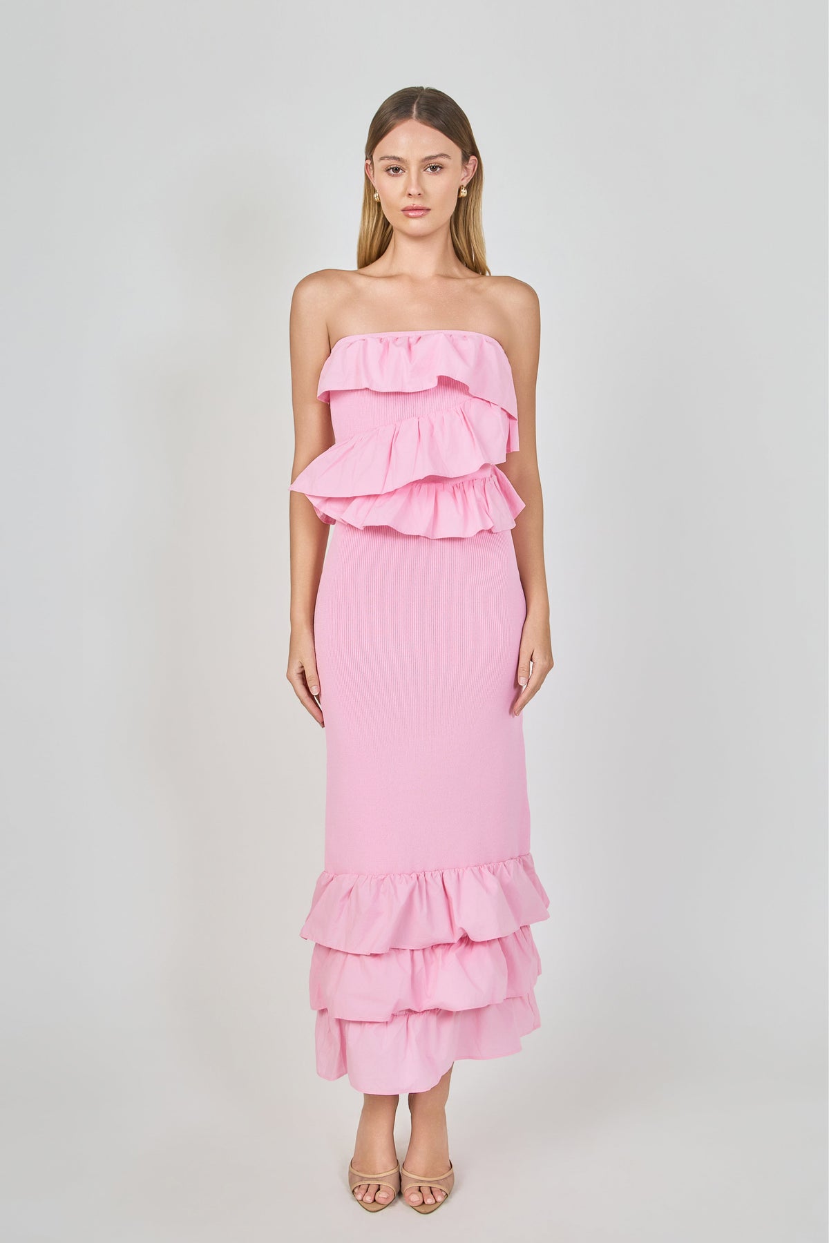 ENDLESS ROSE - Mixed Media Strapless Fitted Maxi Dress - DRESSES available at Objectrare