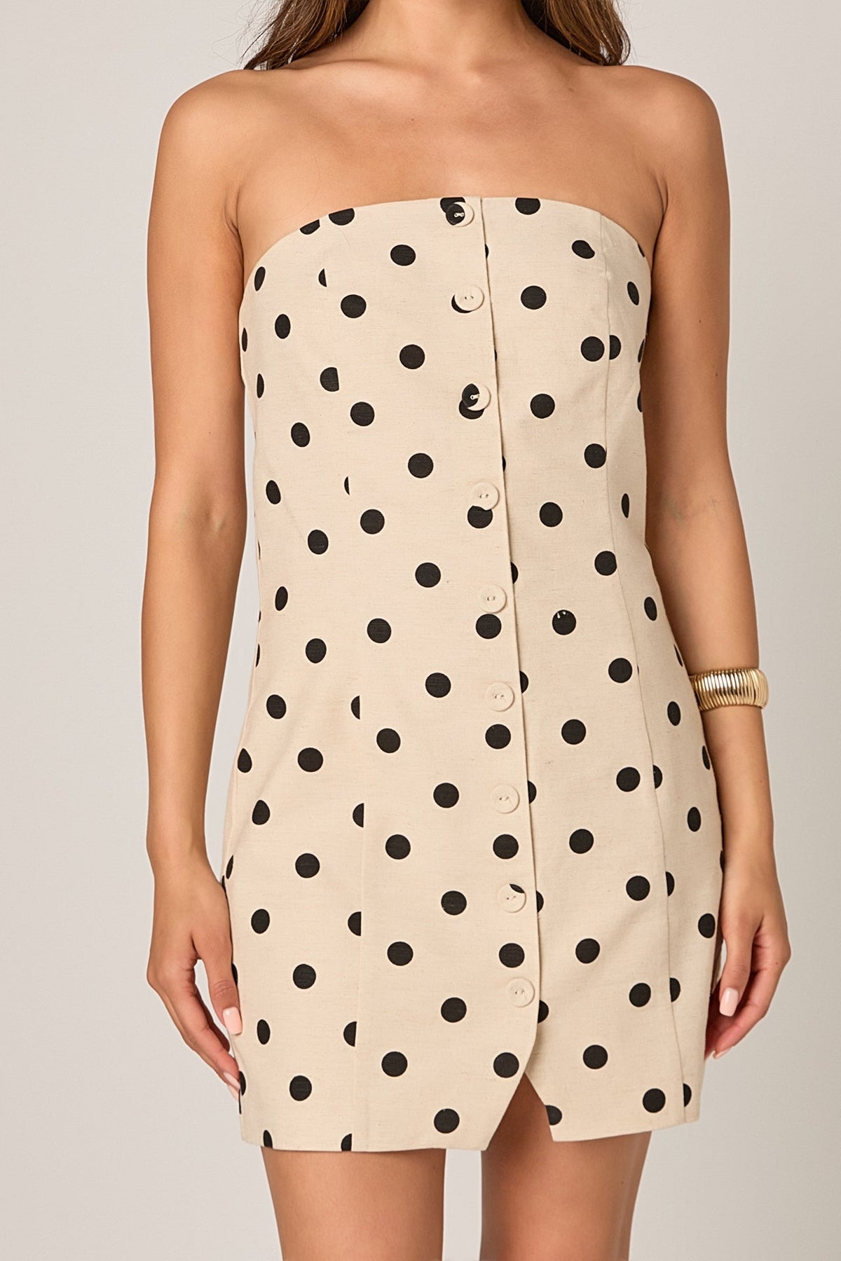 ENDLESS ROSE - Polka Dot Linen Strapless Dress - DRESSES available at Objectrare